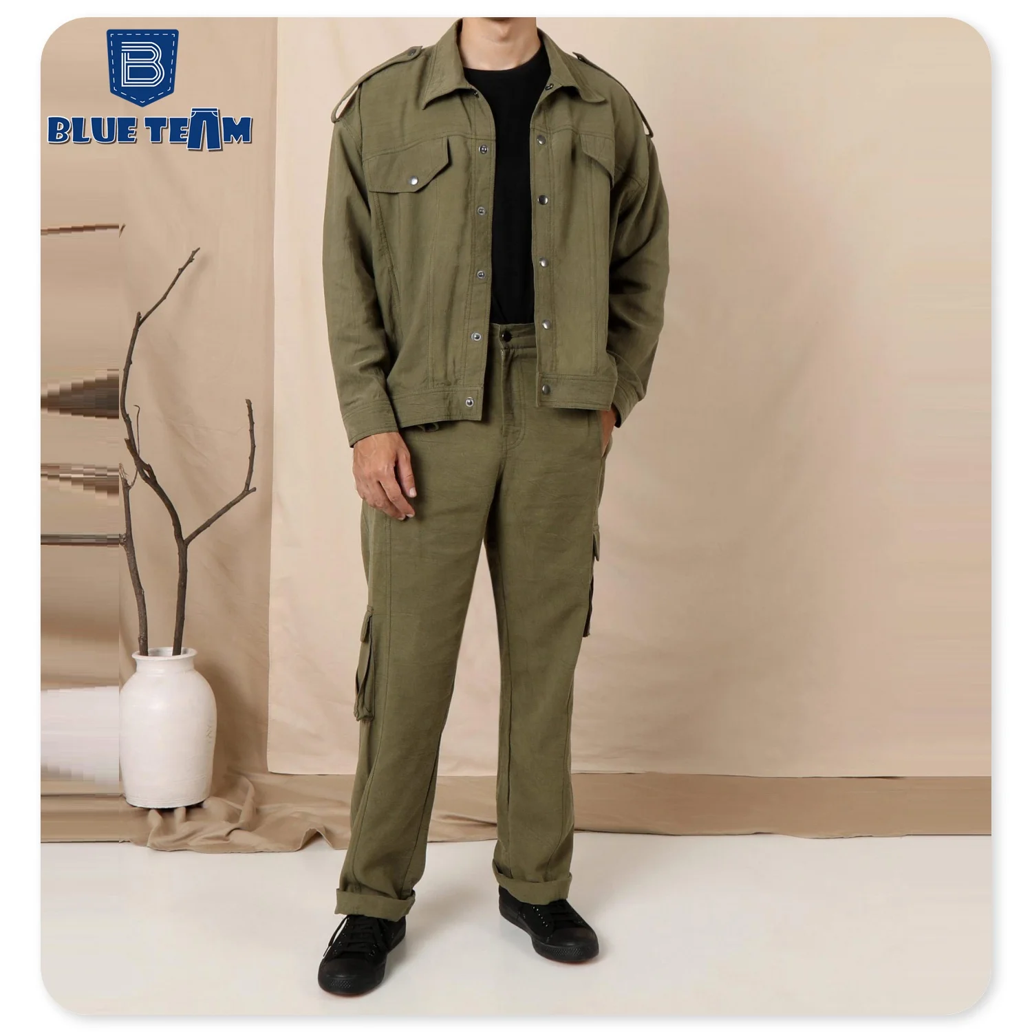 Blue Team | Custom mens denim set twill fabric solid color cargo jacket and cargo pants denim with pockets jeans suits for men