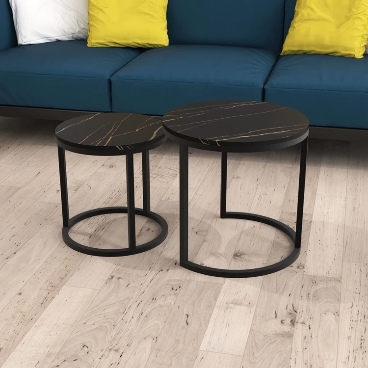 Modern living room luxury stainless steel legs round two wooden nesting center coffee table set