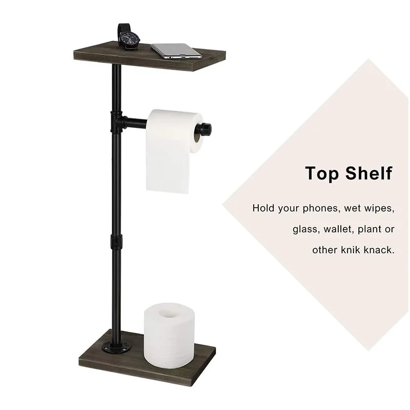 Metal Freestanding Toilet Roll Paper Holder Stand with Plant Pot Display Wooden Top Plate