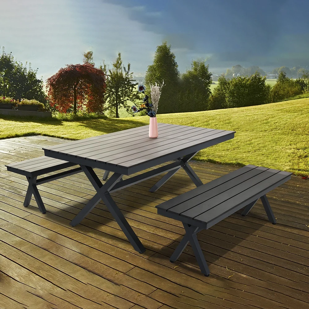 China Outdoor Furniture Aluminum 3 pcs Dining Metal Frame Set Wooden Garden Furniture Sale