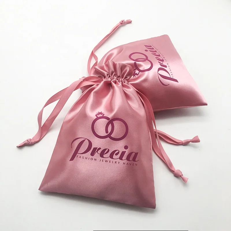 Custom  Private Label Drawstring Bundles Silk Packaging Satin Gift Bag  jewelry pouch with logo