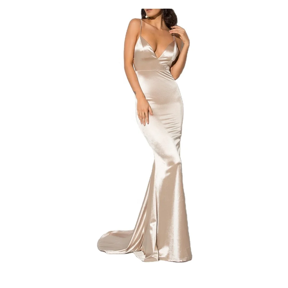 Deep V Neck  Satin Maxi Dress With Small Tail  Mermaid/Evening Dress
