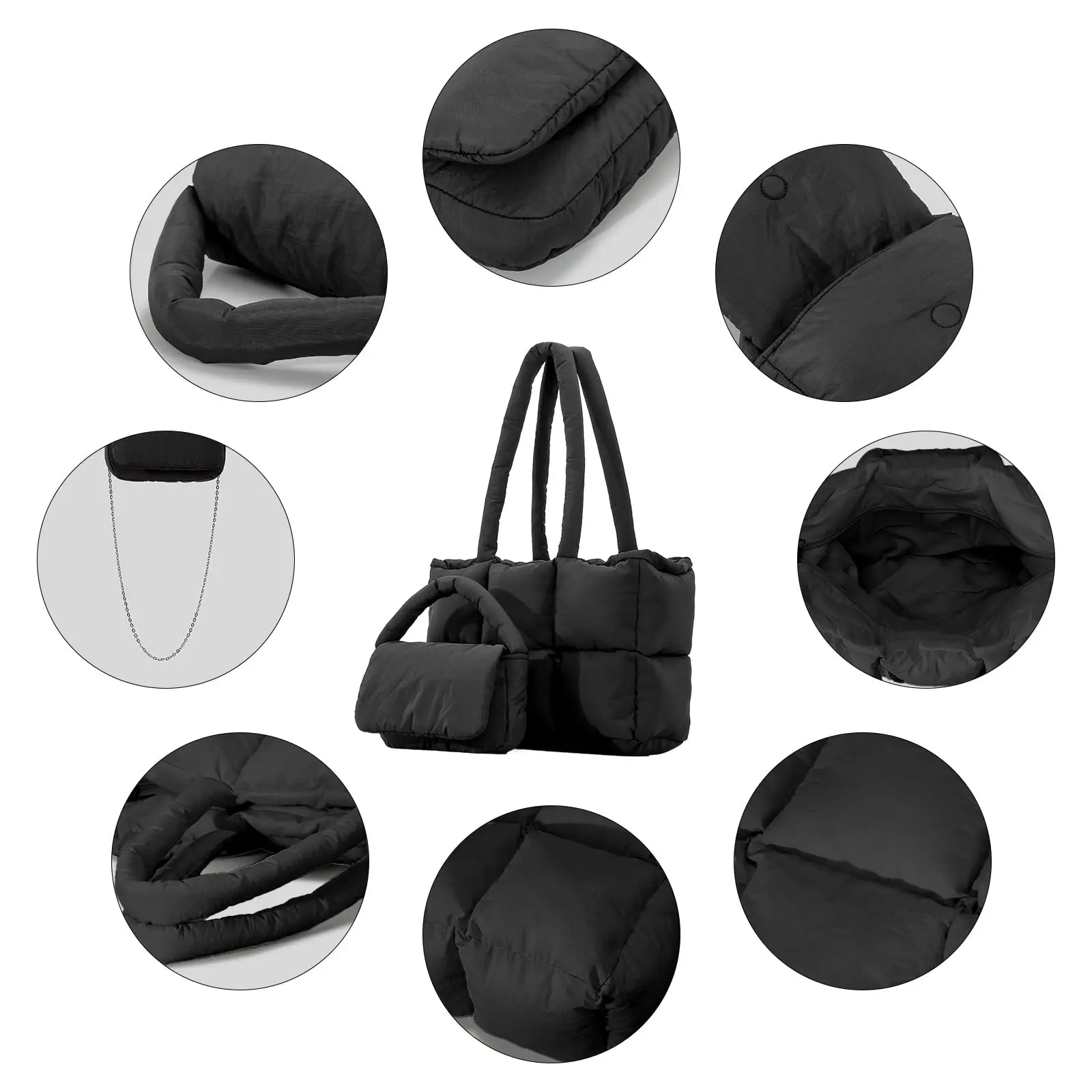 Custom Black Nylon Puffer Tote bag Padded quilted Casual  Puffy Handbag large carryall Bucket Bag For Women