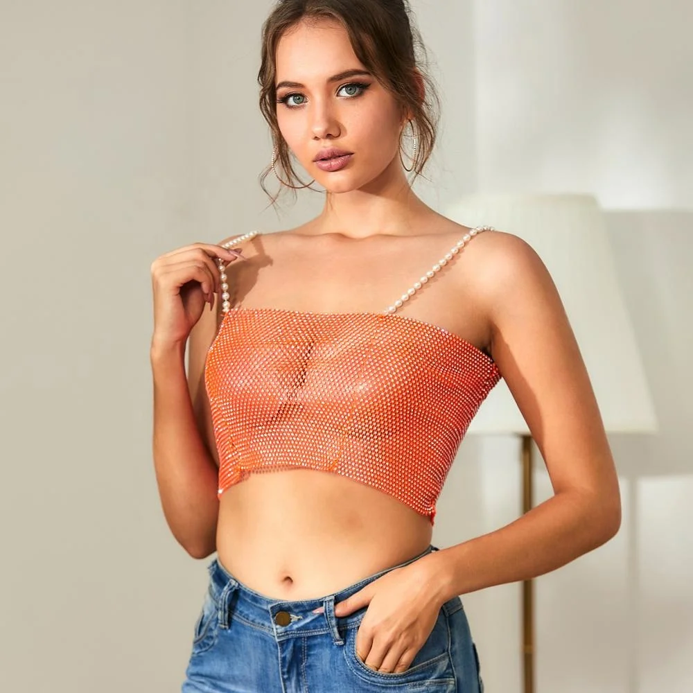 SHIHAN 1348 Rhinestone crop top diamond crystal mesh top for women