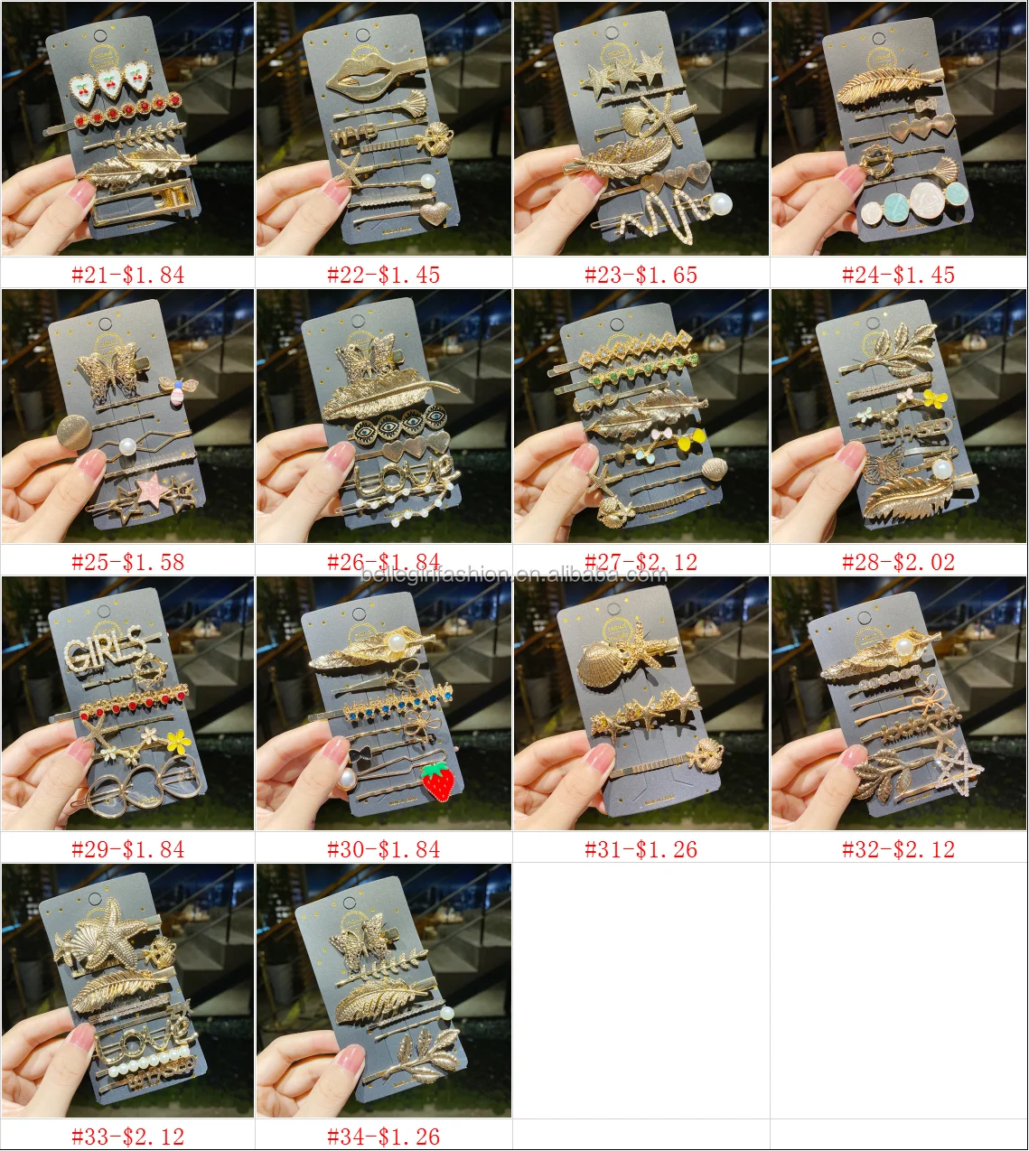 BELLEGIRL Custom fashion gold plated leaf butterfly hair pins accessories metal duck bill starfish eye hair clips set for women