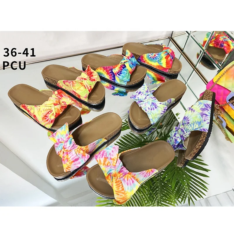 Shoes Stock For Summer Lady Bowknot Sandals Fashion Tie Dye Suede Sandals Women Flip-Flops Slippers
