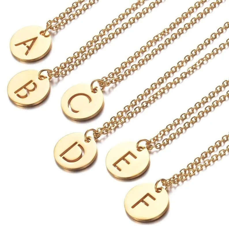 Wholesale Gold Stainless Steel Initial Letter Alphabet Round Hollow Pendant Charm Necklace for Women Girls
