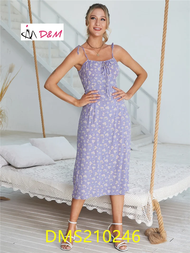D&M 2021 Summer Clothes Midi Dress Print High Waist Tie Strap Long Sexy Casual Women Violet 100 Pieces Per Style Per Color T/T