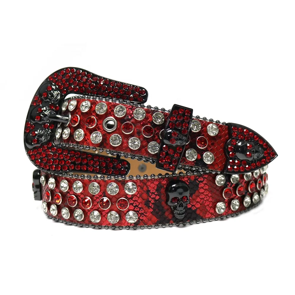 Retro Classical Western Bling Bling Rhinestone Skull Belts Buckle Studded Skull Red Rhinestones Belt Men
