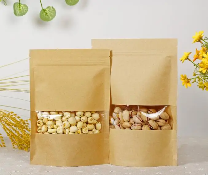 Shanghai Fine Quality Kraft Paper Bags Zip Lock With clear Window for coffee/tea/nuts/candy
