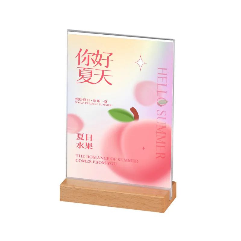 Custom Logo A4 A5 A6 Double Sided Clear Menu Stand Slanted Insert T Shape Acrylic Sign Holder With Wood Base