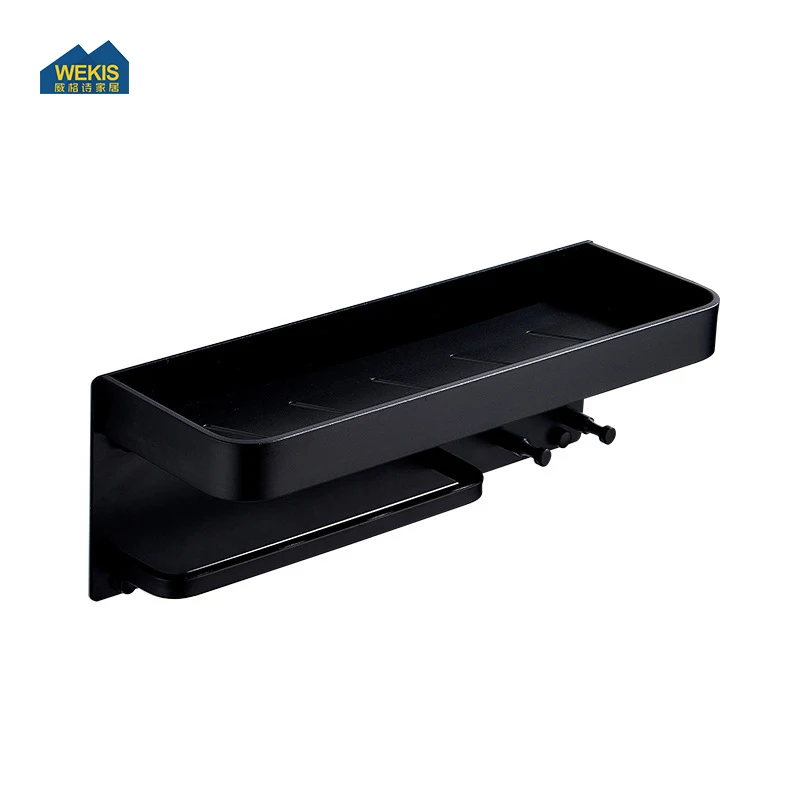 Wall Mounted Black Aluminum Bathroom Shelf Metal Self  Towel Hook Towel Rack Holder Shower Shelf