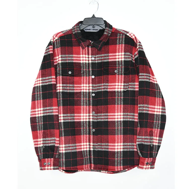 MENS SHIRT IN HEAVY WOVEN POLY WOOL FLANNEL AND LINED UP WITH SOFT SHERPA  ODM CUSTOMIZED