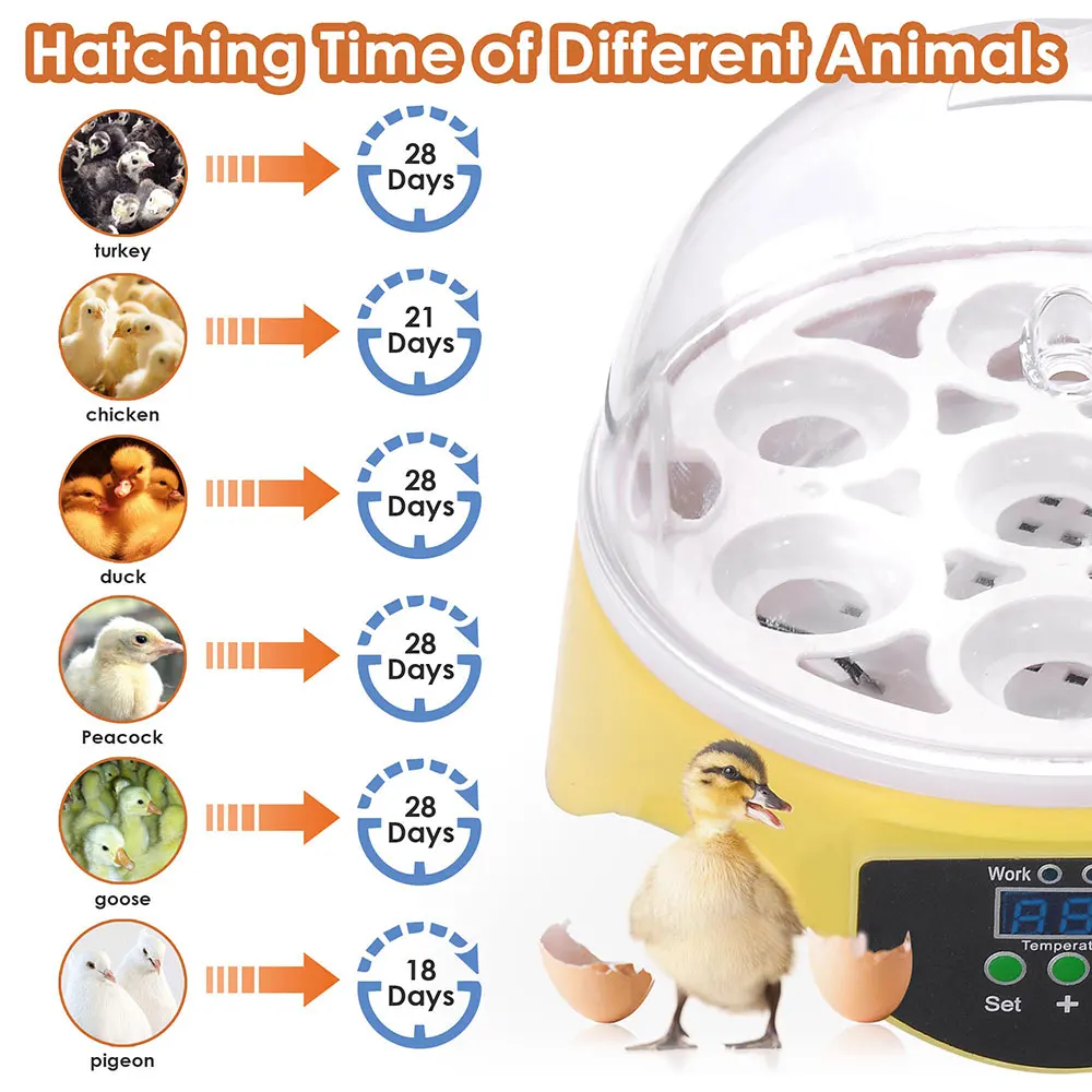 Household 7 Eggs Incubator Digital Temperature Adjustable Chicken Goose Duck Poultry Hatcher Semi-automatic Mini Eggs Brooder
