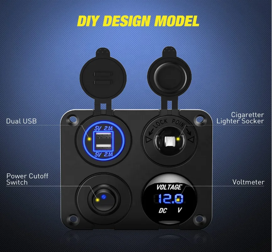 Car Modification USB Voltmeter Marine Caravan Ambulance Charging 4-in-1 Hole Panel RV Use Dual USB Power Socket
