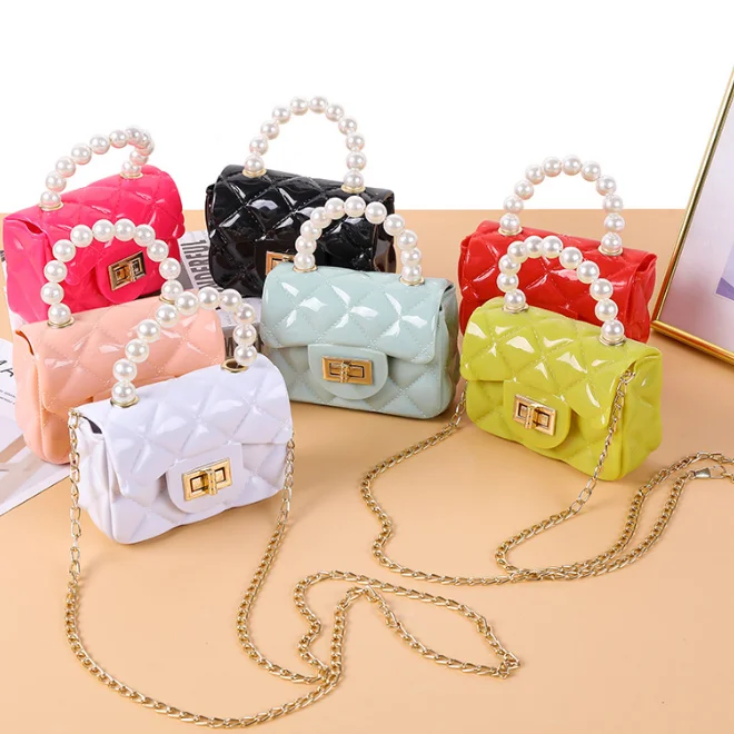 
KS4118 Multi colors kids pvc mini bag wholesale pearl handle girls kid jelly bag 