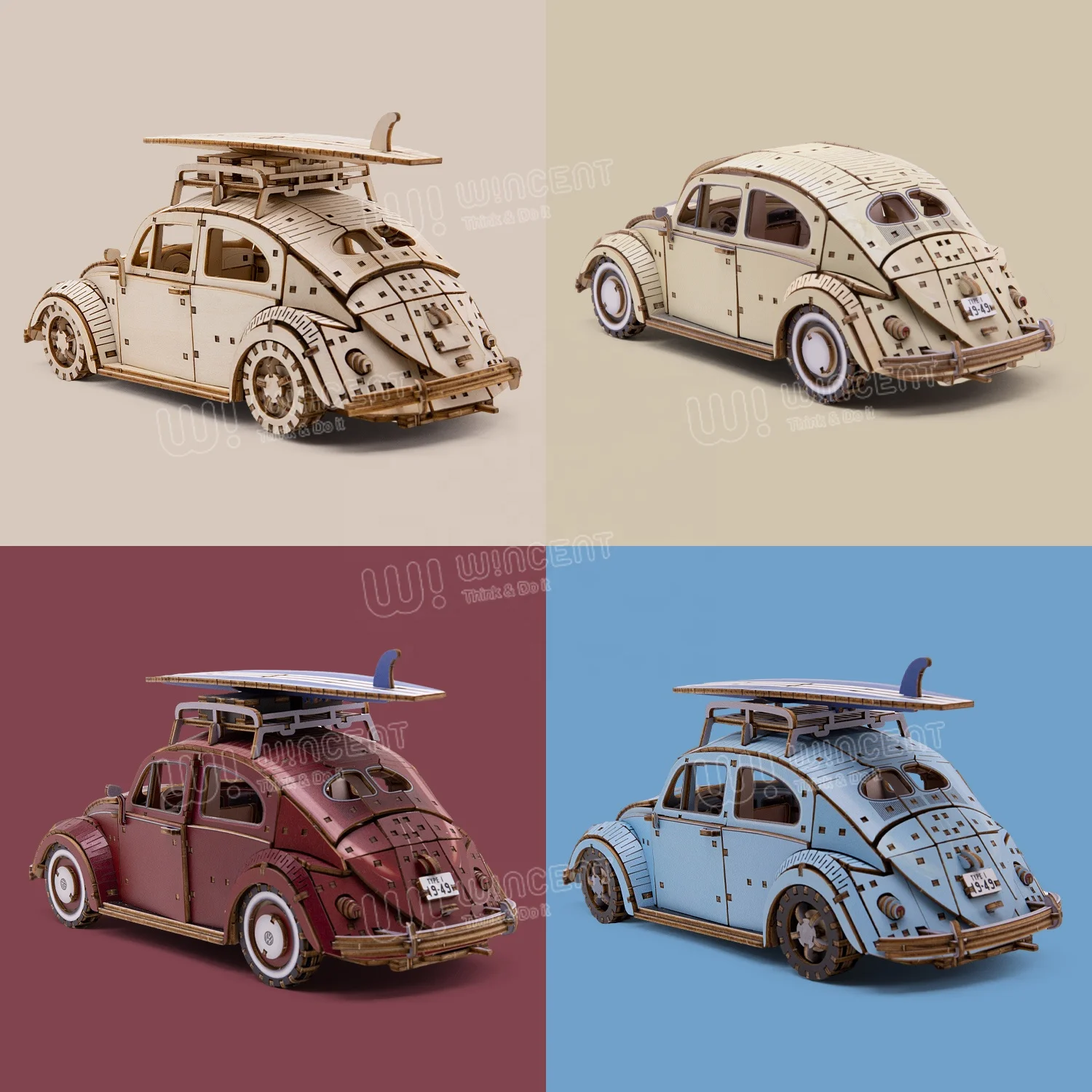 UV Print Colourful Beetles Car Assembly Toy wooden Mechanical 3d model design puzzle games for adults