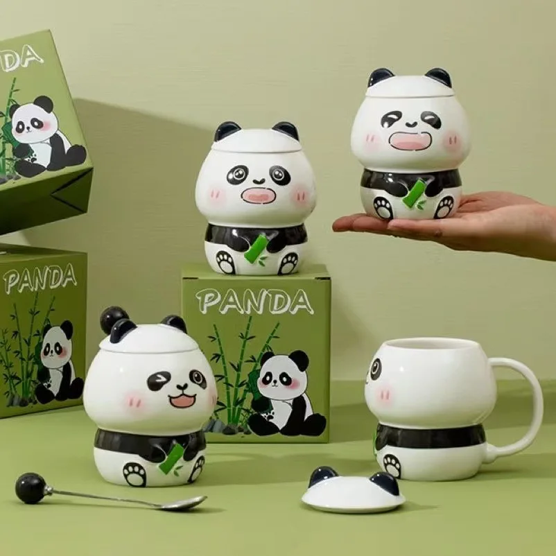 children birthday gift ceramic cute 3d panda coffee mug with lid and spoon