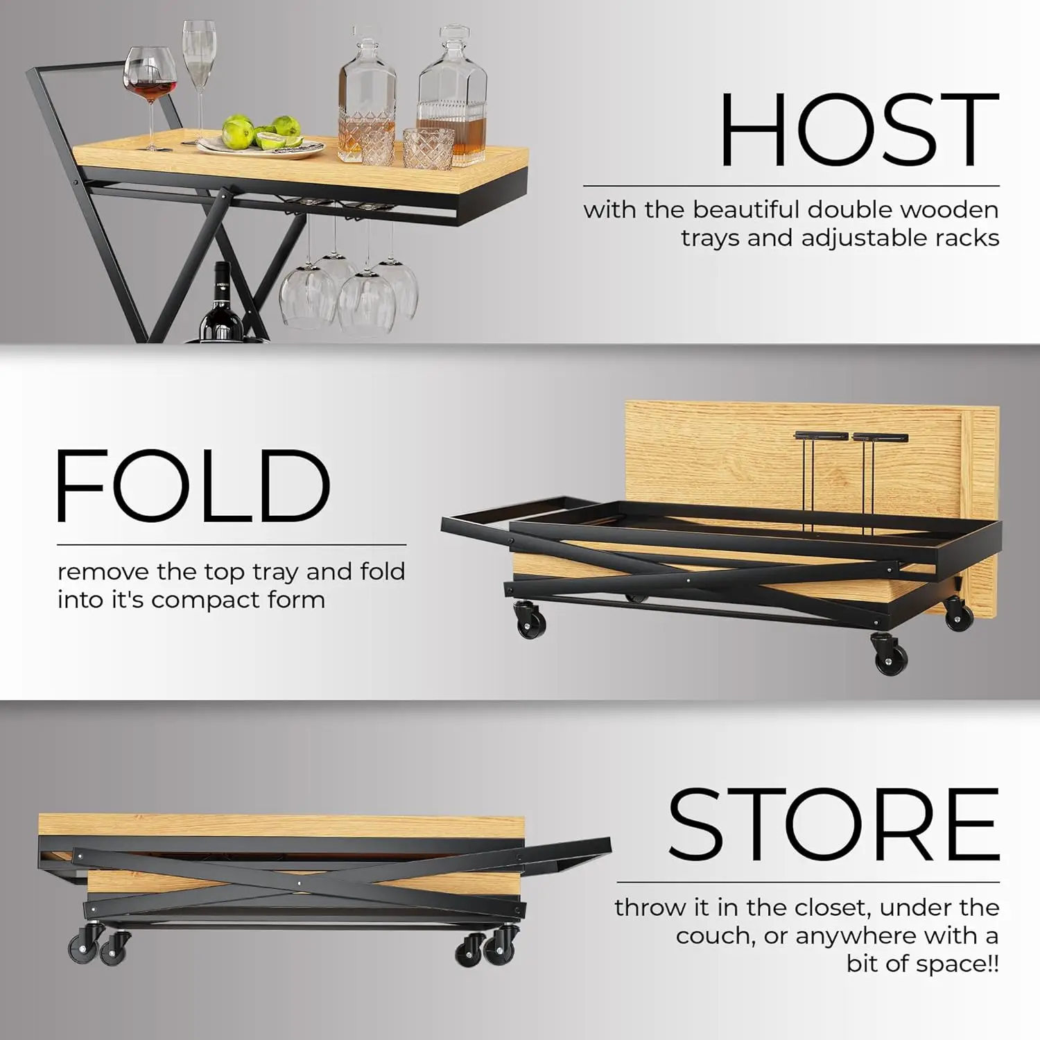 New design Rolling bar cart on wheels with wooden serving tray Collapsible home drink bar cart for kitchen