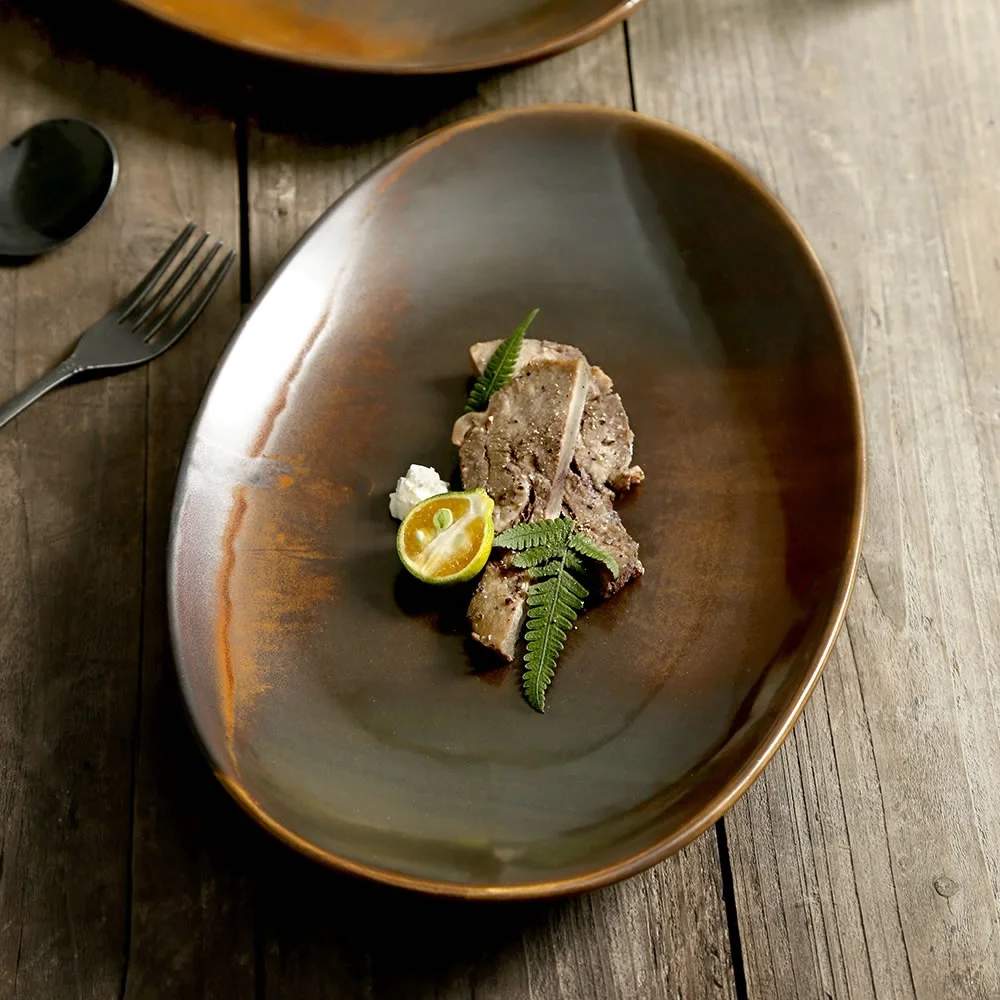 Factory Direct Wholesale Matte Color 12 Inch Rustic Ceramic Fish Tableware Plates Porcelain Oval Dinner Plate For Restaurant