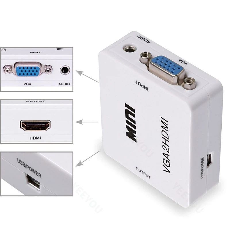 1080P VGA To HDMl Mini Signal Converter For TV VHS VCR HD DVD with White and Black Color