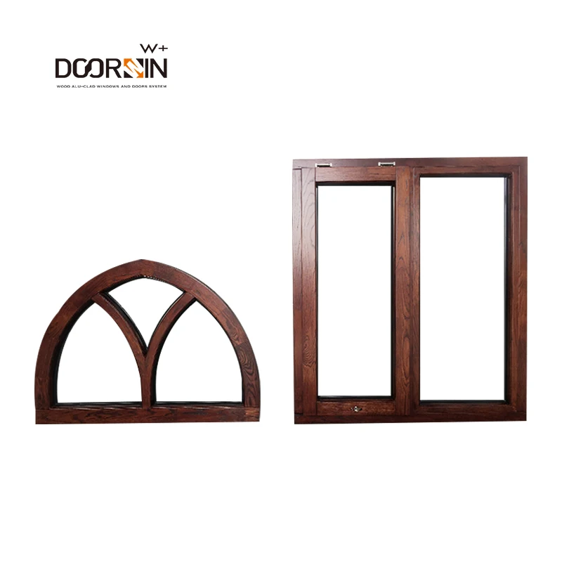 NFRC Certified Modern Wooden Windows For House Security Windproof Special Shapes Arch Top Grid Line Fixed Windows