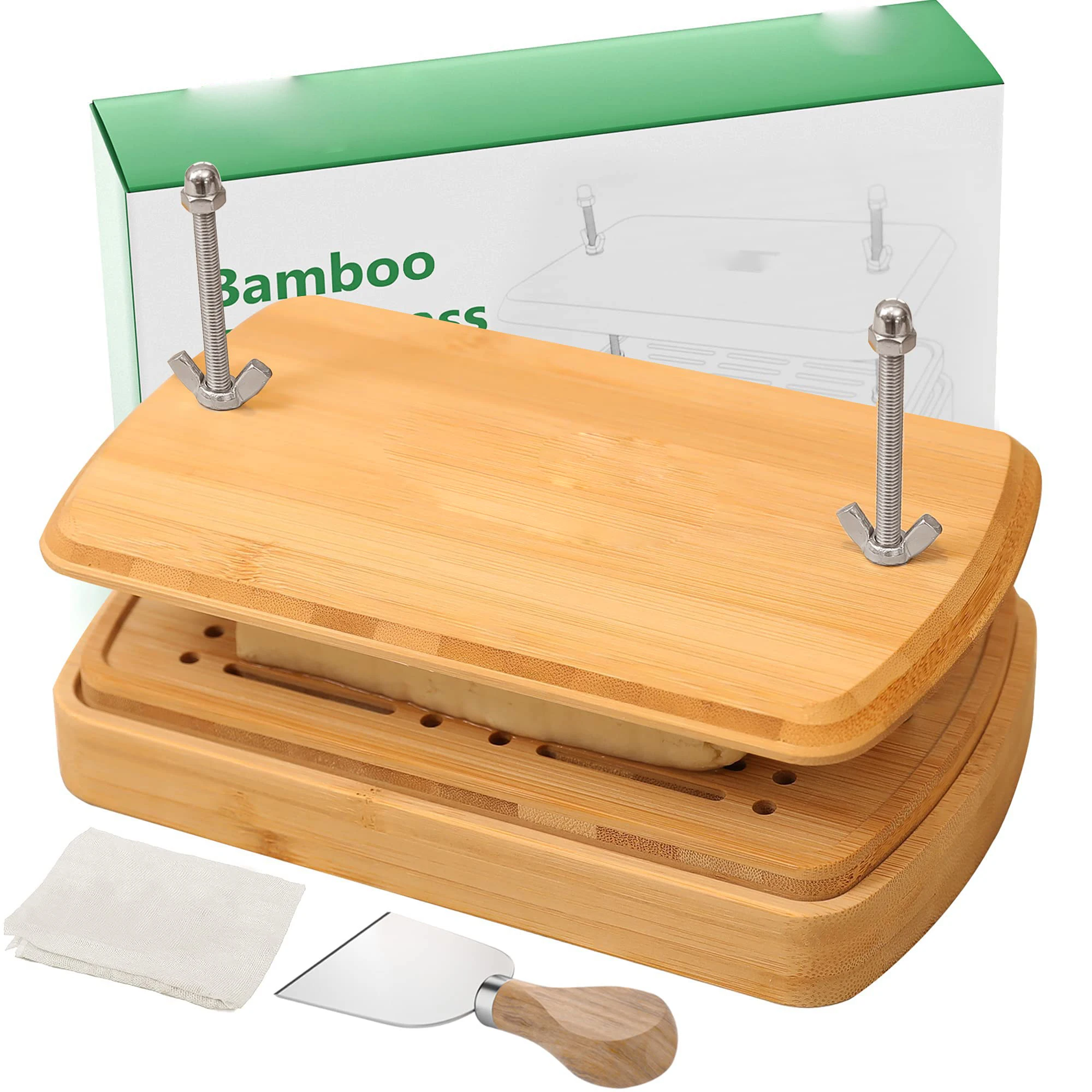 Bamboo Tofu Press Built in Tofu Strainer and Drip Tray with Cheesecloth Easily Remove Water from Tofu