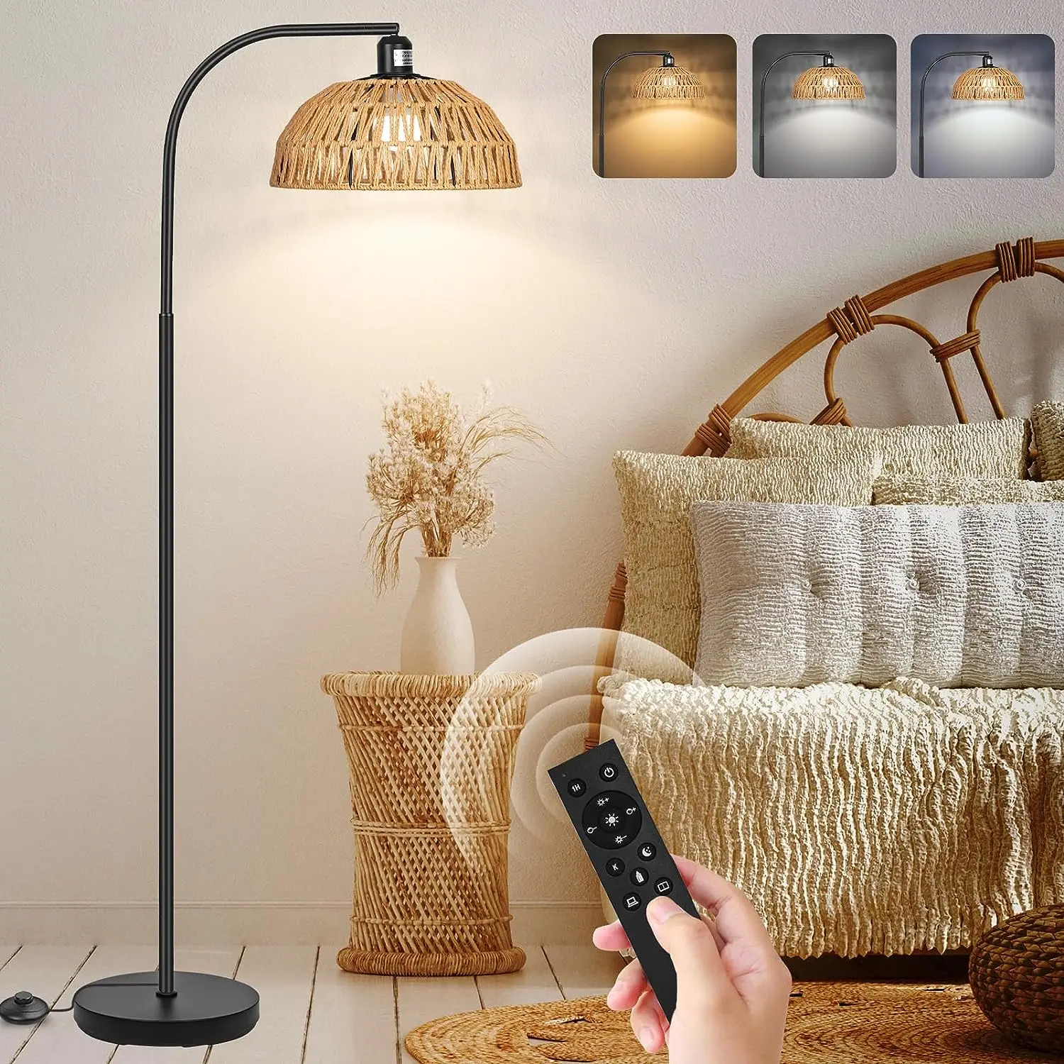 Rattan Floor Lamp Modern Black Standing Floor Lamps with Remote Control and Stepless Dimmable Bulb
