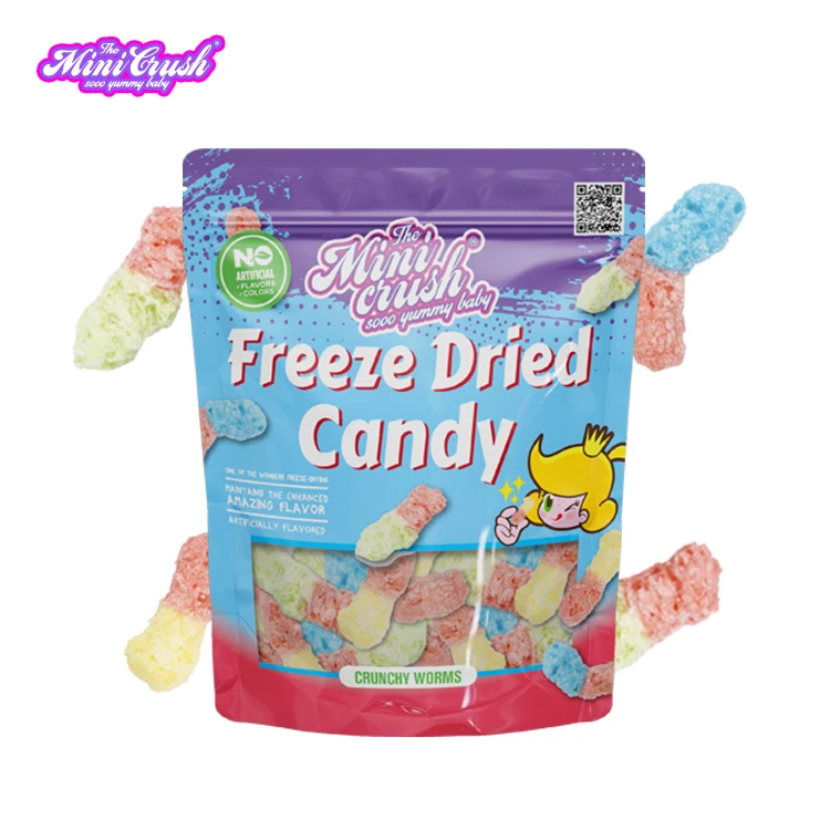 cartoon candy Crunch puffed Candies Wholesale Custom Freeze-Dried gummy sour worms Candy with natural colors&flavors