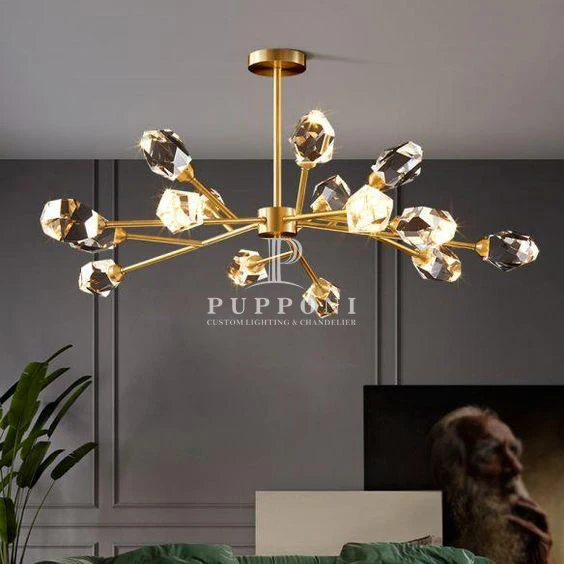 Nordic Modern Gold Brass Metal Crystal Luxury Hanging Ceiling Lamp Living Room Chandelier Pendant Light for Indoor Decoration