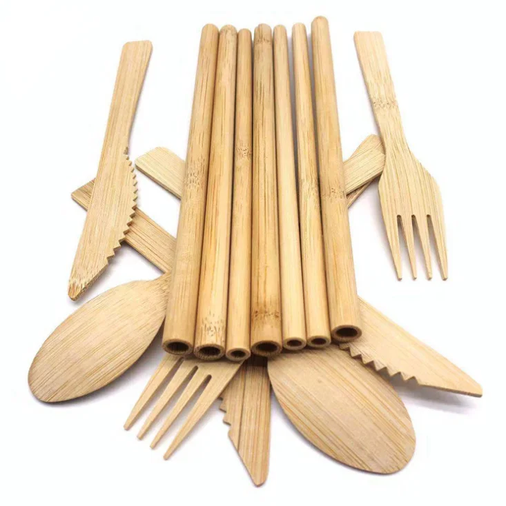 Disposable Bamboo Cutlery Bamboo Straw Custom Cutlery Package Set Biodegradable Bamboo Cutlery Set