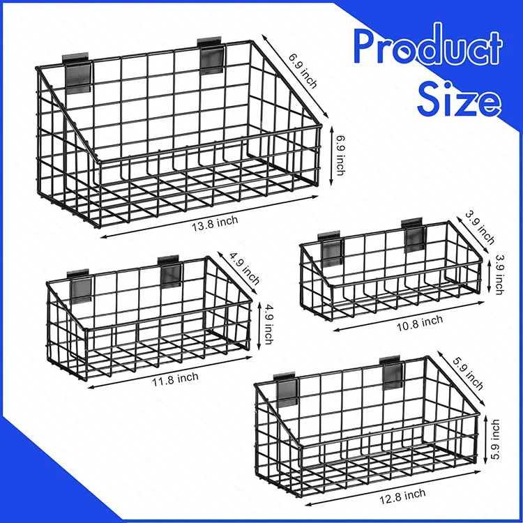 JH-Mech 4 Pack Slatwall Basket For Garage Storage Display Organizing On Slatwall Multi Size Beveled Metal Wire Storage Basket