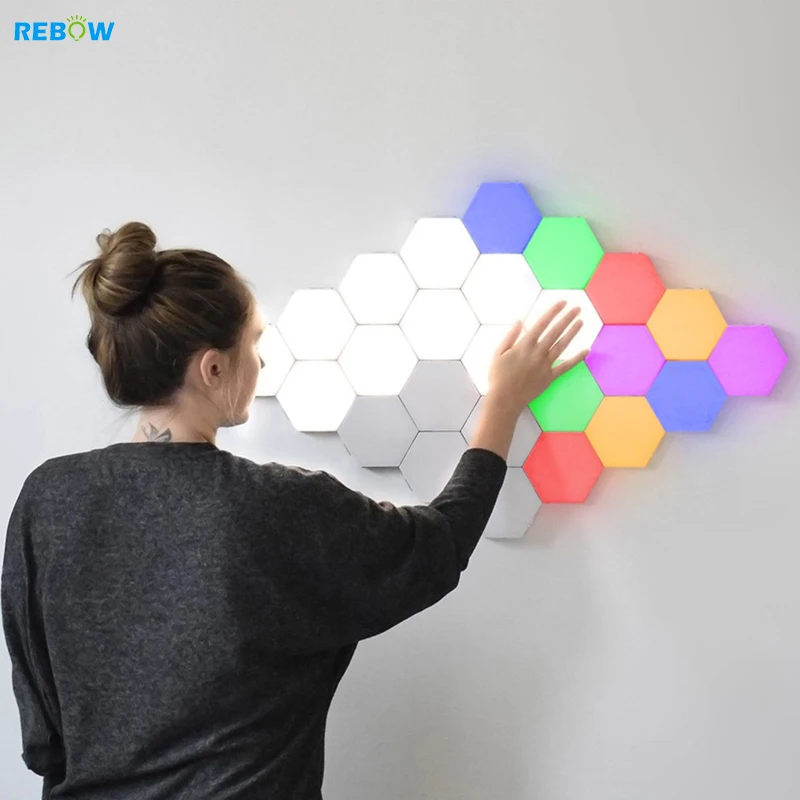 
Rebow drop shipping nordic modern minimalist magnetic RGB remote touch night honeycomb led hexagon light wall lamp 