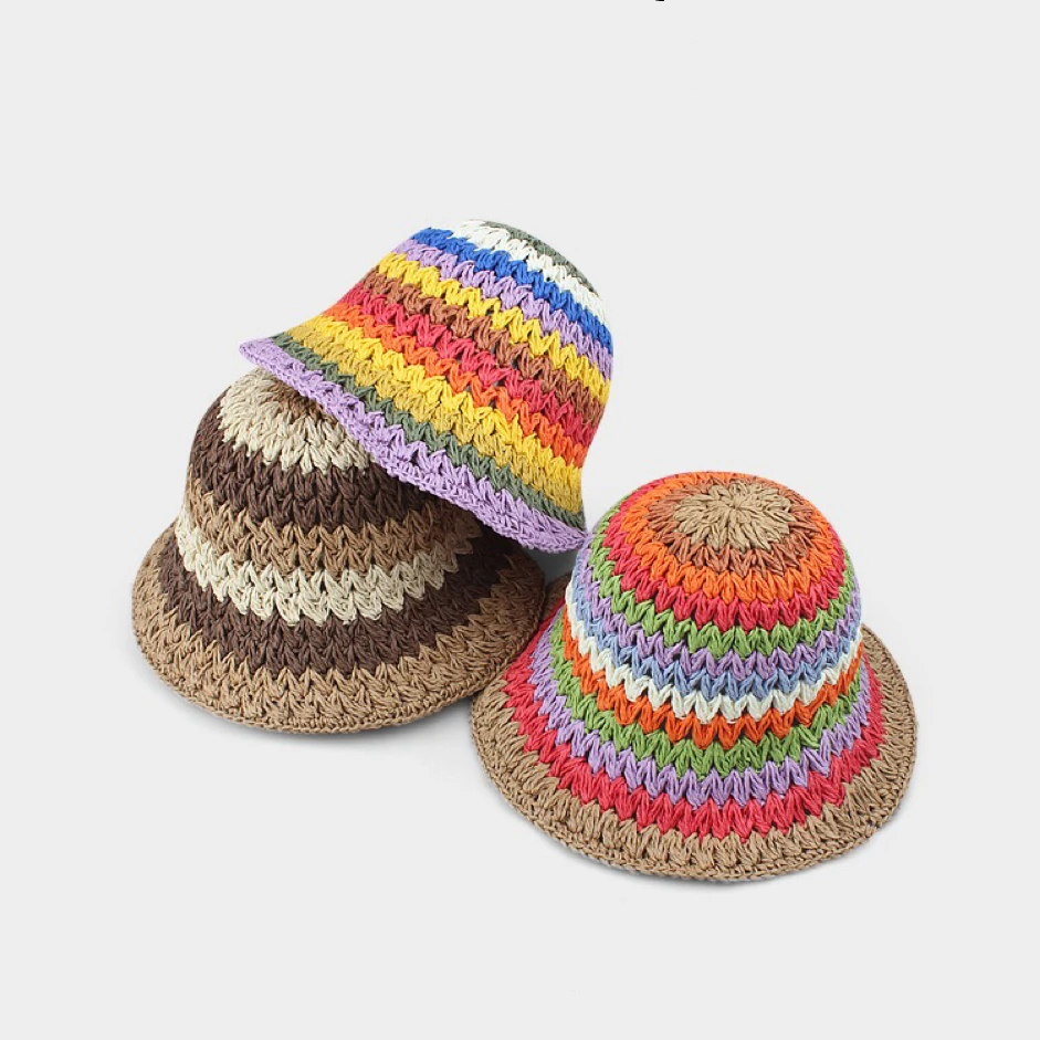 Women Straw Hat Rainbow Crochet Hand-made Panamas UV Protection Sun Visor Beach Hats Lady Visors Foldable Summer Sun Straw Hat