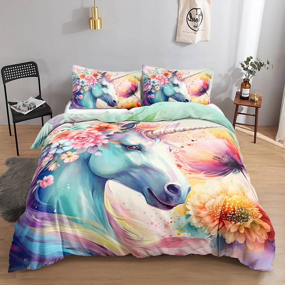 3D Printing Unicorn Fantasy Pattern Duvet Cover Comforter Shower Curtain Flatsheet Wholesale Bedding Set
