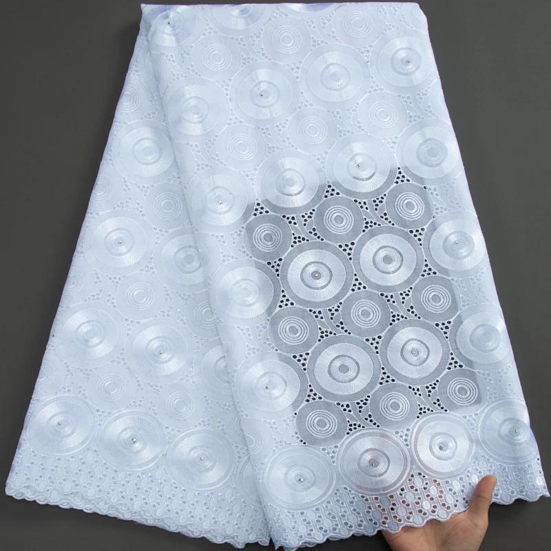 Pure White African Plain Cotton Lace Fabric with Rhinestones Wholesale Swiss Voile Lace Fabric for Women Wedding Dresses 3224
