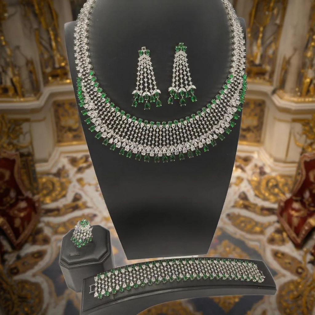Wholesale India Dubai Gold Anniversary Jewelry Set Beautiful Bridal Wedding Necklace Women Necklace Emerald Jewelry Set