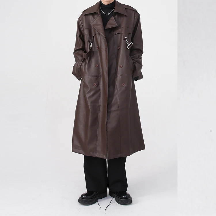 High quality custom designed  Men  windproof long length  winter leather jacket leather trench coat