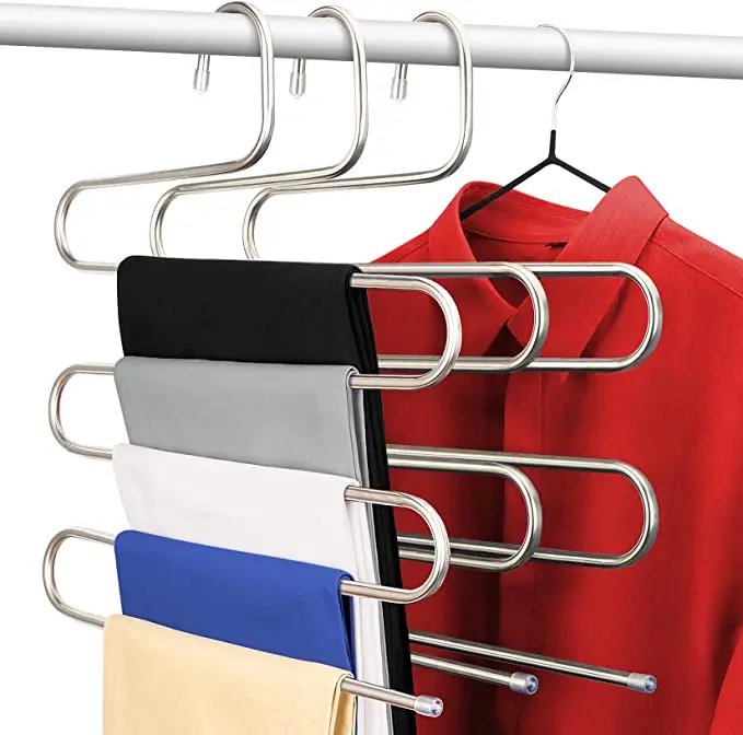 Space Saving Stainless Steel  5 Layers S Type  Closet Storage Organizer for Pants Jeans Scarf Towels Hanging Hanger Pants Metal