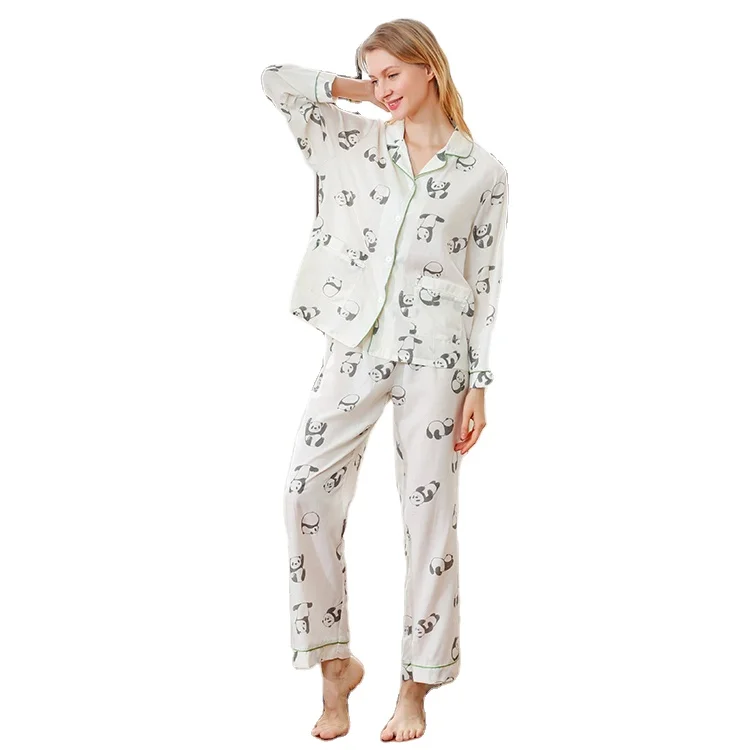 2023 New Spring Girls Womens Sleepwear Viscose Rayon Panda Printed Long Pajamas Set