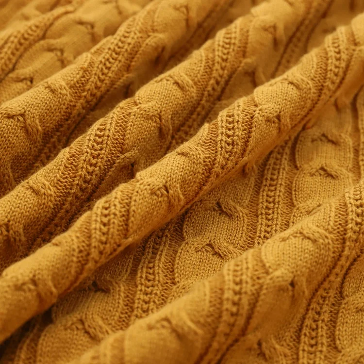 
Custom khaki Pure original cotton cable knit pattern warming double layer blanket for winter autumn 