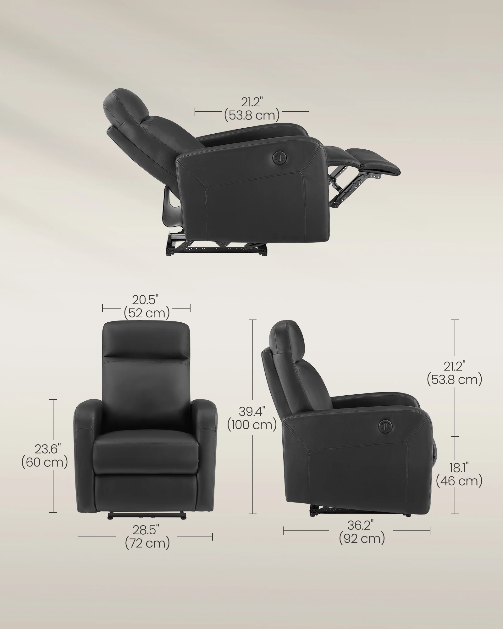 VASAGLE Adjustable Footrest Relaxing Modern PU Leather Electric Recliner Sofa  Black 180 Degree Reclining Chair Power Recliner
