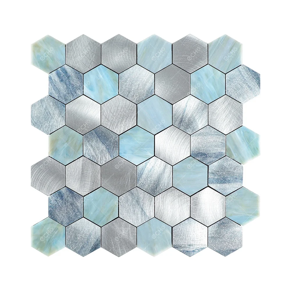 Blue Sheen Hexagon Stained Glass and Embossed Silver Aluminium Self Adhesive Kitchen Backsplash Wall Mosaic Tile