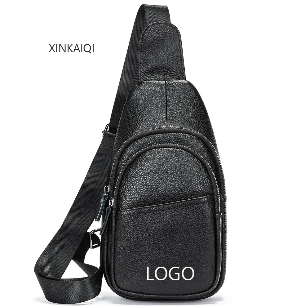 Men Black Genuine Leather Shoulder Bag Outdoor Travel Sport Sling Bag Day pack Waterproof  Men Leather Chest Bag