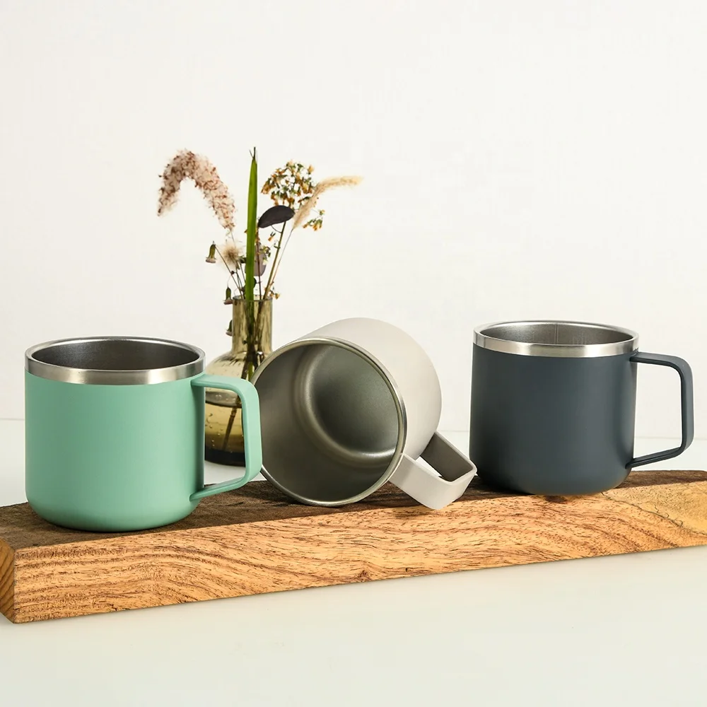 Powder coated double wall stainless steel coffee shop mugs with metal handle