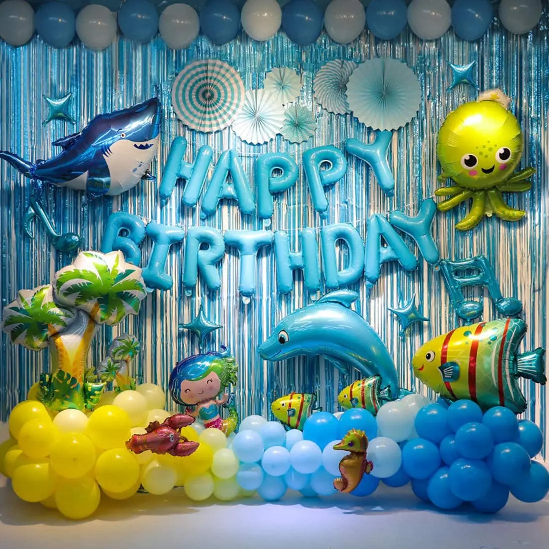Sea animal theme birthday party decoration children blue background shark and dolphin balloon birthday party supplies