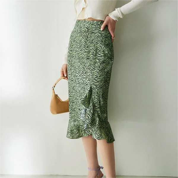 Wholesale Elegant Ladies 90% Silk&10% Spandex Zabra Skirts Midi Spring Women High Waist Summer Skirt