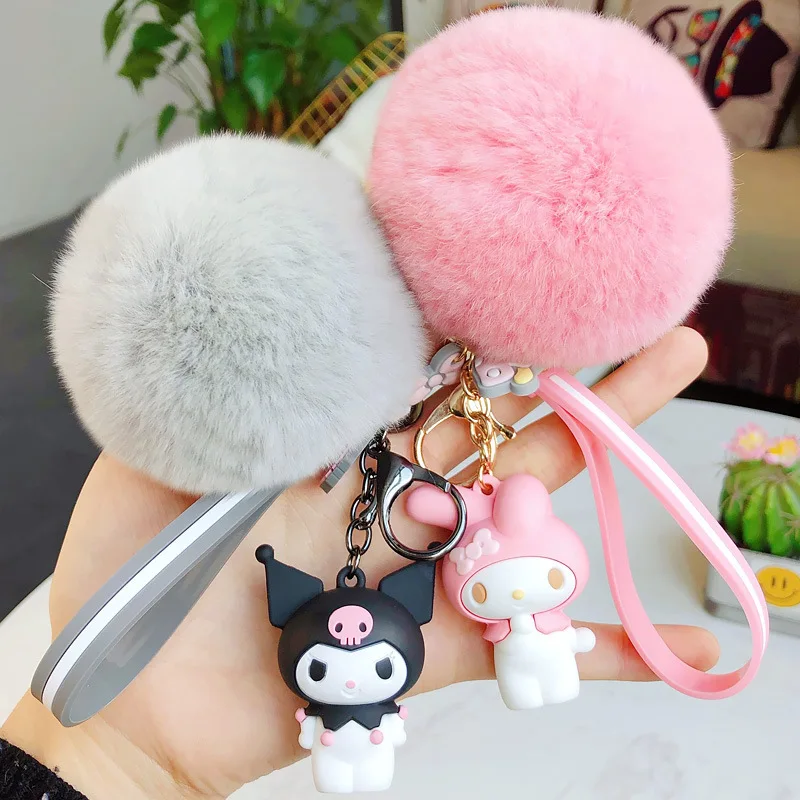 Cartoon Penguin frog rabbit keychains with fluffy rabbit fur ball key chain Women Girls bag pendant car keyring charm gifts