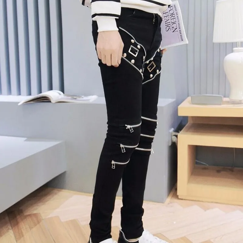 
Vintage streetwear metal rivets & buckles punk Men Joggers Trousers slim fit multi-zippers hip hop Pants 