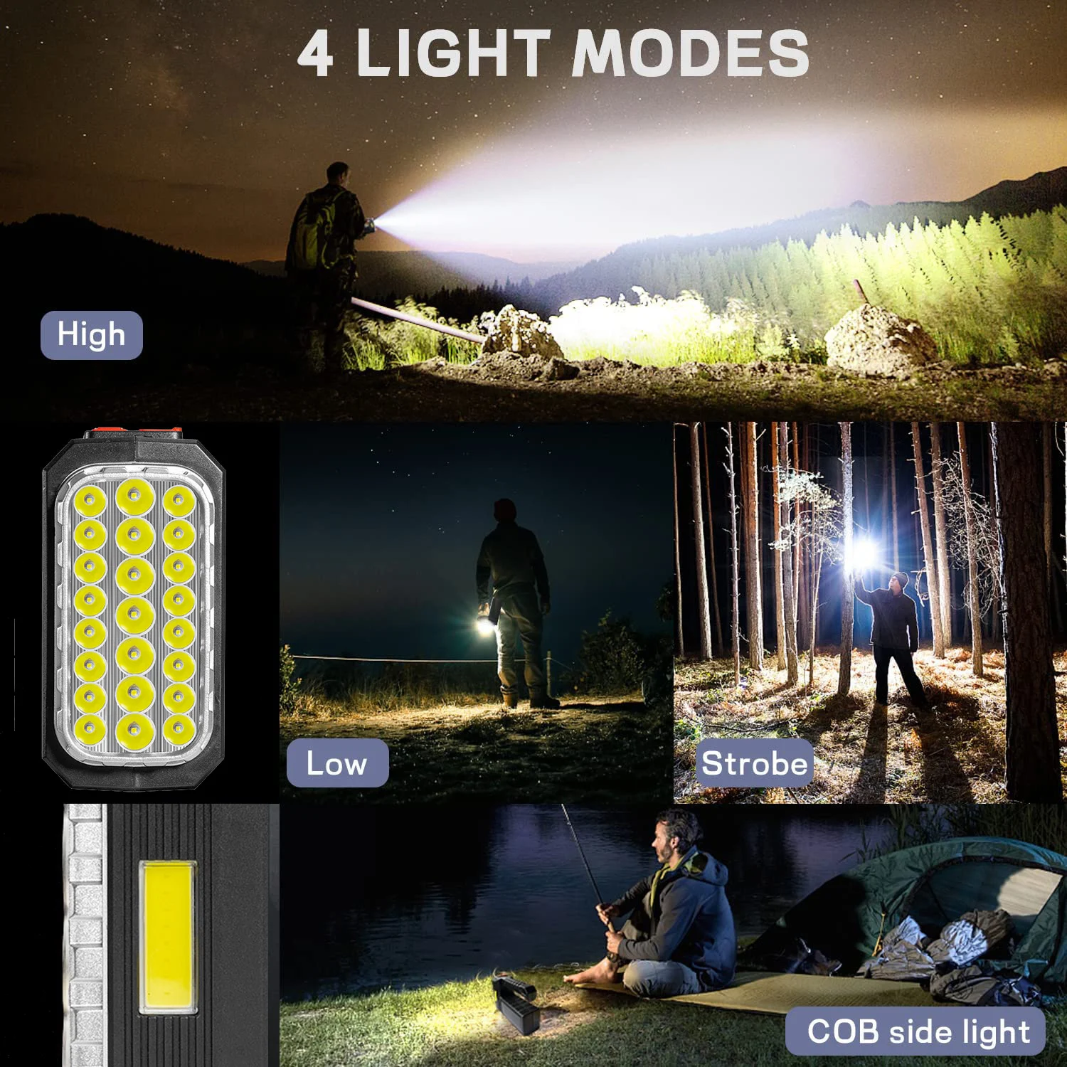 Outdoor Solar Handheld Flashlight Rechargeable COB Sidelight Camping Lights Emergency Torch Searchlight with 16/18/20 LEDs